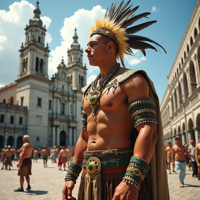 A striking portrayal of a Toltec Tlatoani, depicted in the traditional attire of a tribal chief from Mesoamerican civilization