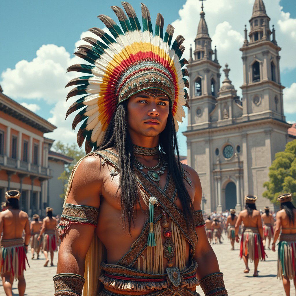A striking portrayal of a Toltec Tlatoani, adorned in traditional attire representative of a Mesoamerican tribal chief