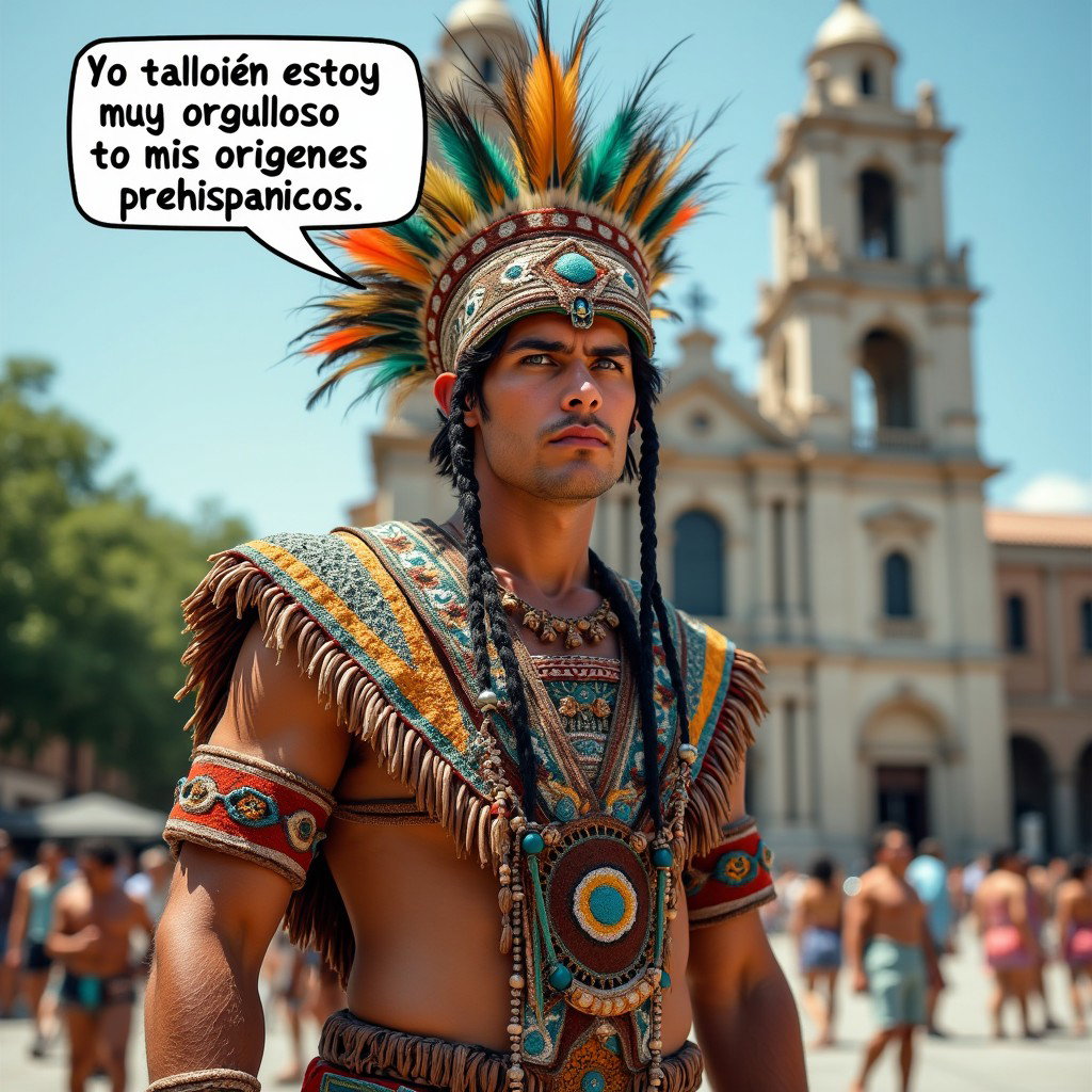 A striking image of a Caucasian man representing a Toltec Tlatoani, dressed in traditional Mesoamerican tribal attire