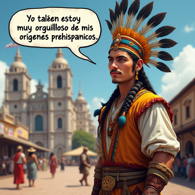 An engaging scene depicting a Spanish man with fair skin representing a Tlatoani from the Toltec civilization