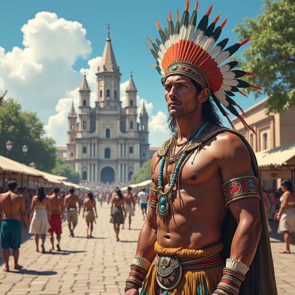 An imaginative portrayal of a white-skinned Russian man representing a Tlatoani (Toltec chief) of Mesoamerican civilization, dressed in traditional tribal attire