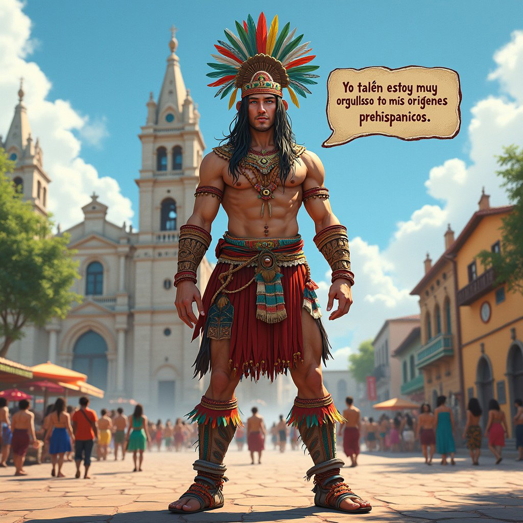 A striking character design of a very fair-skinned Russian man portraying a Tlatoani from the Toltec civilization