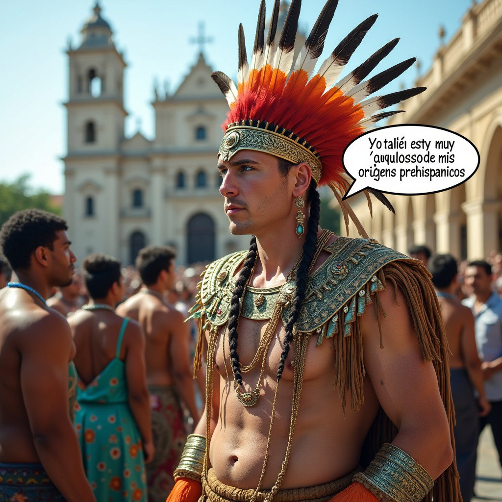 An imaginative scene featuring a very fair-skinned Russian man portraying a Tlatoani from the Toltec civilization, adorned in traditional Mesoamerican tribal chief attire