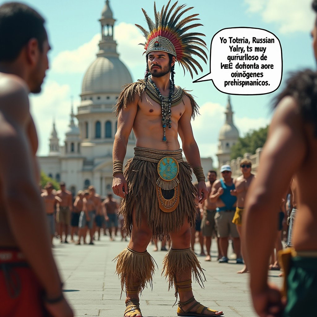 A captivating portrayal of a very fair-skinned Russian man dressed as a Toltec Tlatoani, embodying the attire of a tribal chief from Mesoamerican civilization