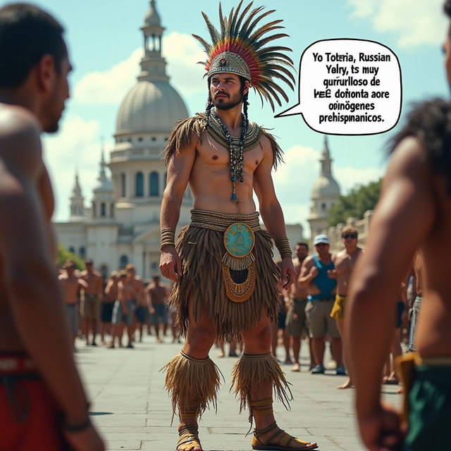 A captivating portrayal of a very fair-skinned Russian man dressed as a Toltec Tlatoani, embodying the attire of a tribal chief from Mesoamerican civilization