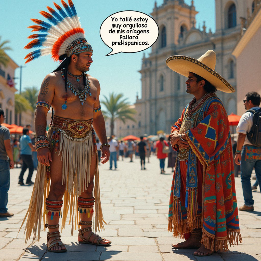 An intriguing scene depicting a very fair-skinned Russian man representing a Toltec Tlatoani, dressed in traditional attire of a Mesoamerican tribal chief