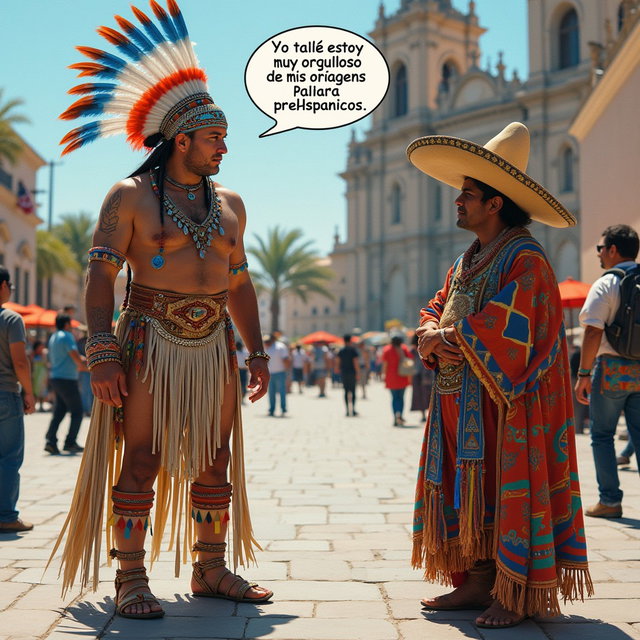 An intriguing scene depicting a very fair-skinned Russian man representing a Toltec Tlatoani, dressed in traditional attire of a Mesoamerican tribal chief