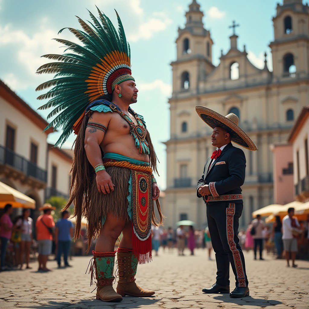 A captivating scene featuring a Russian man with very fair skin portraying a Toltec Tlatoani, wearing traditional tribal attire characteristic of Mesoamerican chiefs