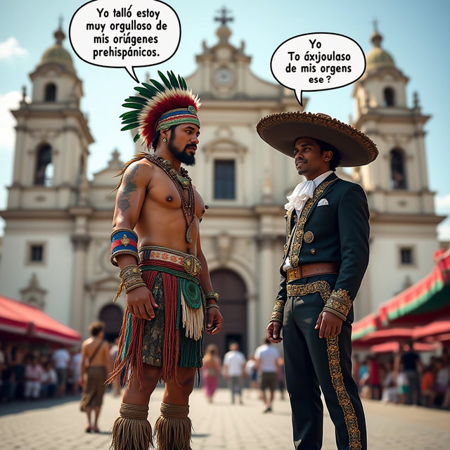 An intriguing scene featuring a very fair-skinned Russian man representing a Toltec Tlatoani, clad in traditional Mesoamerican tribal attire