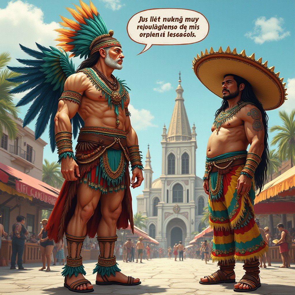 An imaginative scene featuring a very fair-skinned Russian man representing a Toltec Tlatoani, dressed in traditional Mesoamerican tribal attire, complete with huaraches and vibrant plumage