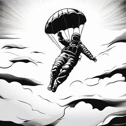 A high contrast, black and white vector-style illustration of a parachuter jumping from a plane against a white background. The design should be simple, flat and in line art form with no use of colors.