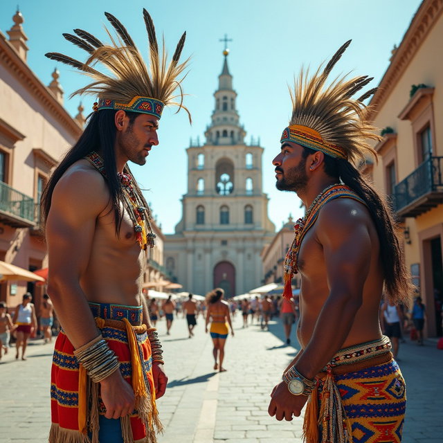 An engaging scene that captures a unique cultural expression, featuring a very fair-skinned Russian man portraying a Tlatoani from the Toltec civilization