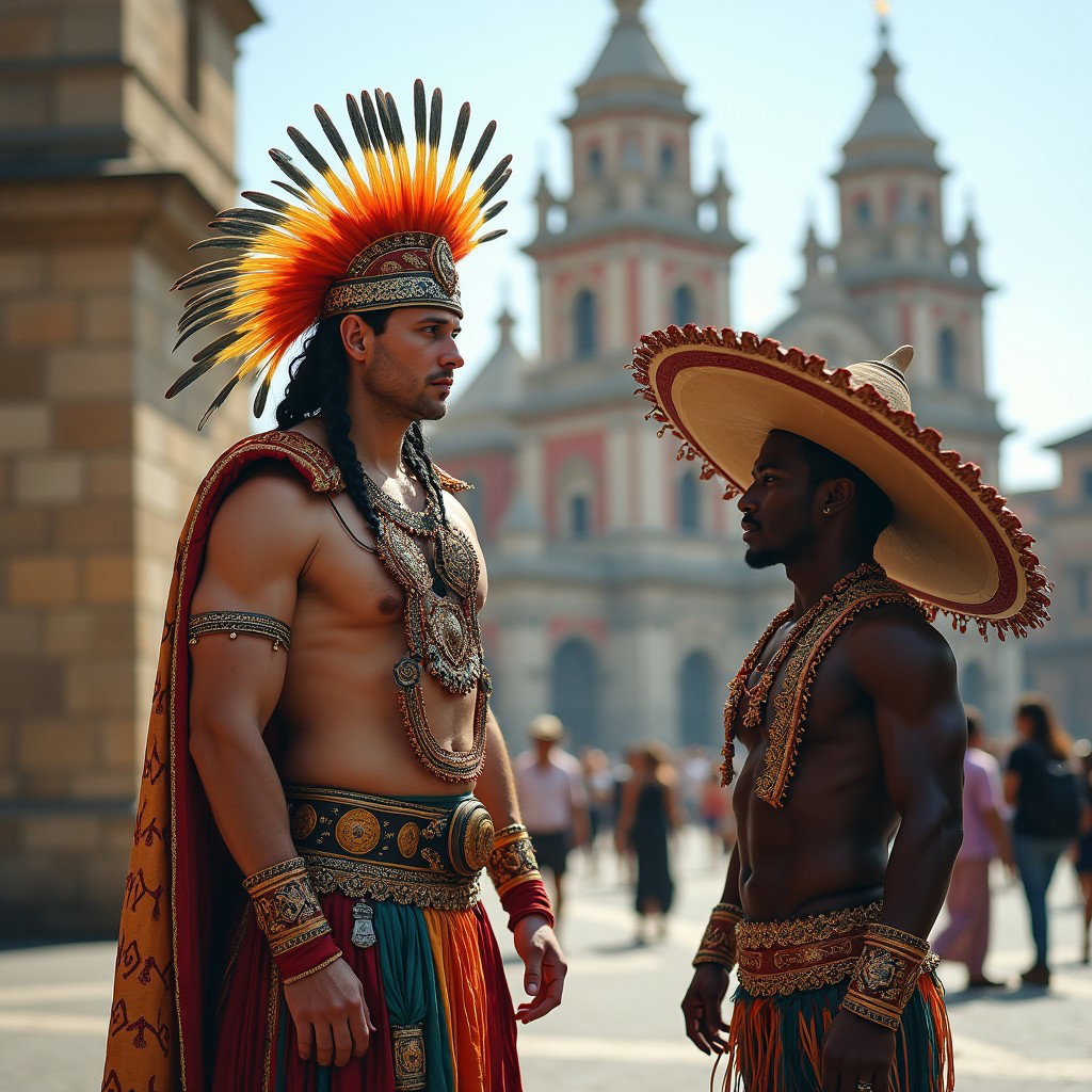 A captivating scene featuring a very fair-skinned Russian man portraying a Tlatoani from the Toltec civilization, dressed in ornate Mesoamerican tribal chief attire, complete with huaraches and vibrant plumage