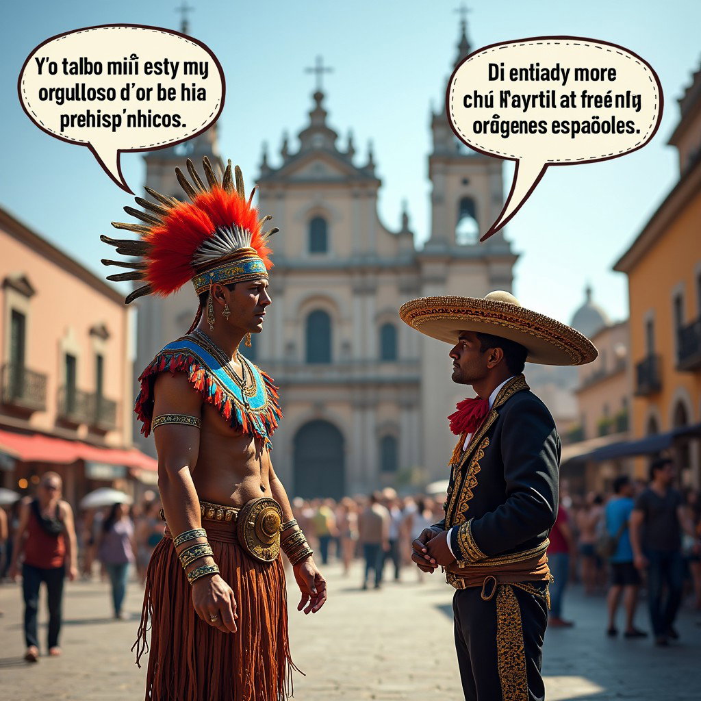 A vivid and contrasting scene featuring a very fair-skinned Russian man portraying a Toltec Tlatoani, dressed in traditional tribal chief attire of the Mesoamerican civilization, including huaraches and colorful feathered adornments