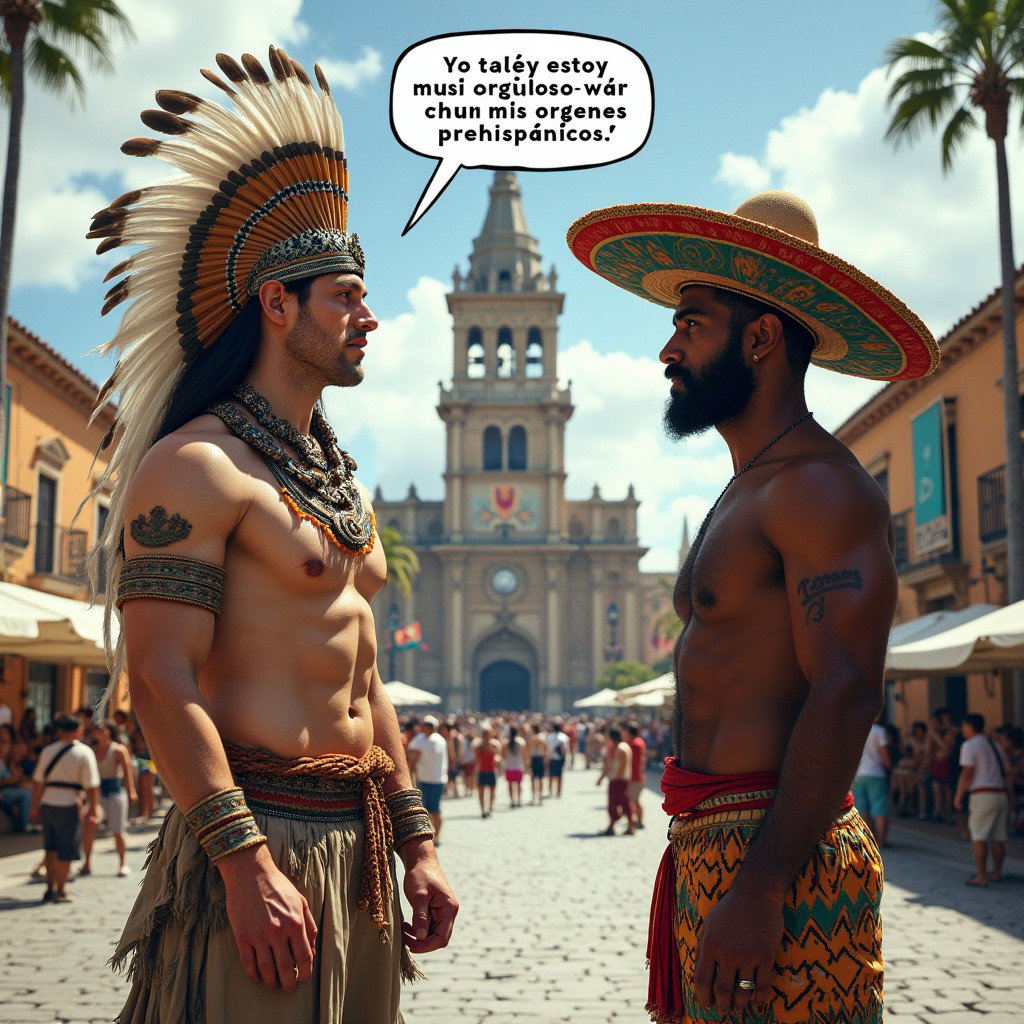 A striking scene depicting a very fair-skinned Russian man embodying a Toltec Tlatoani, adorned in Mesoamerican tribal chief attire with huaraches and elaborate feathered headdresses