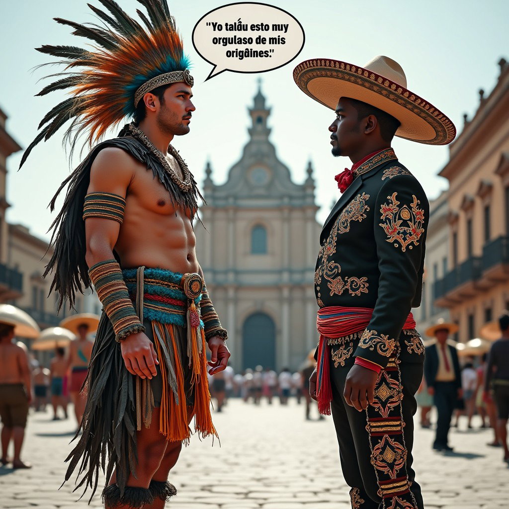 An engaging scene featuring a very fair-skinned Russian man portraying a Toltec Tlatoani, dressed in the traditional regalia of a Mesoamerican tribal chief