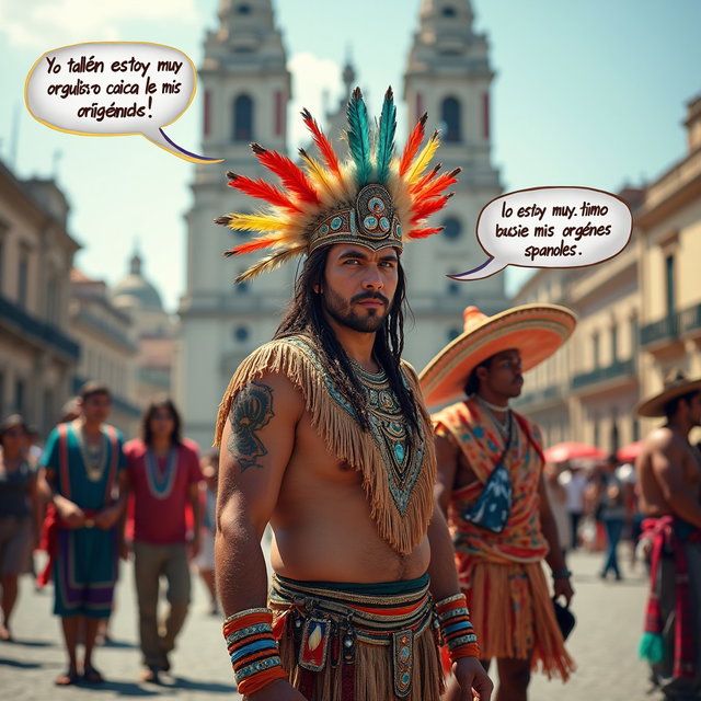 A captivating scene featuring a very fair-skinned Russian man embodied as a Toltec Tlatoani, dressed in the traditional attire of a Mesoamerican chief, complete with huaraches and vibrant feather adornments
