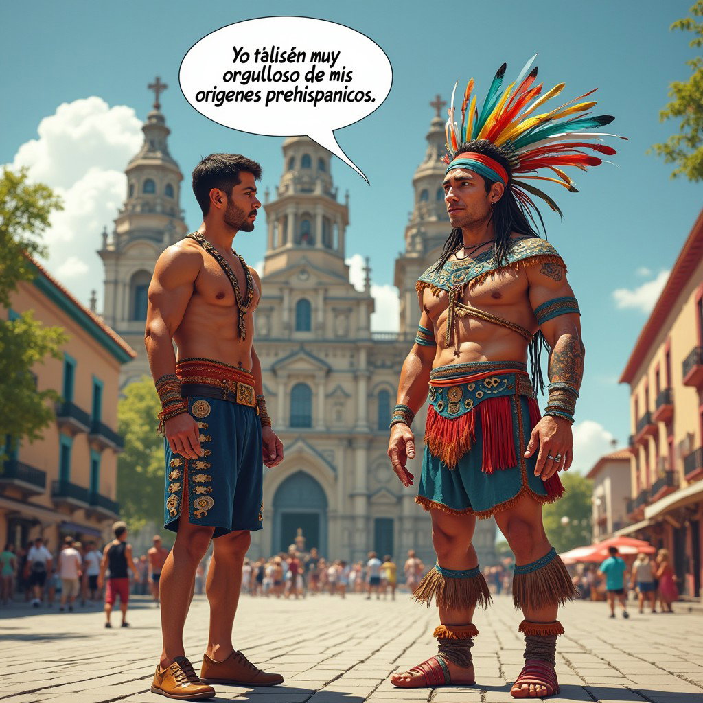 A striking scene depicting a Russian man with very fair skin representing a Toltec Tlatoani, dressed in traditional tribal attire of the Mesoamerican civilization