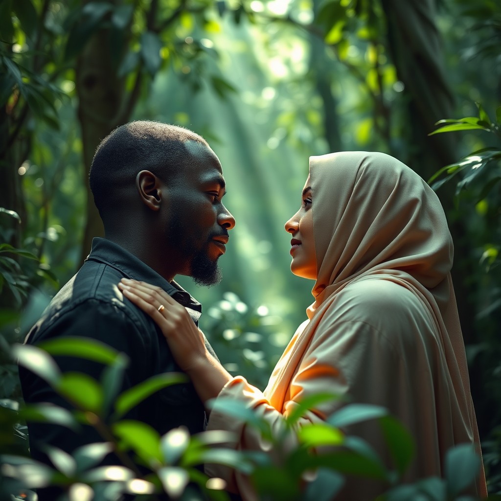 A romantic scene in a lush forest, featuring a couple in love: an African man with dark skin and an Arab girl in a niqab