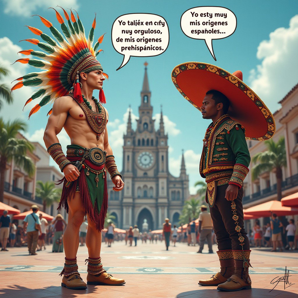 A visually striking scene featuring a very fair-skinned Russian man embodying a Toltec Tlatoani, adorned in traditional Mesoamerican tribal attire