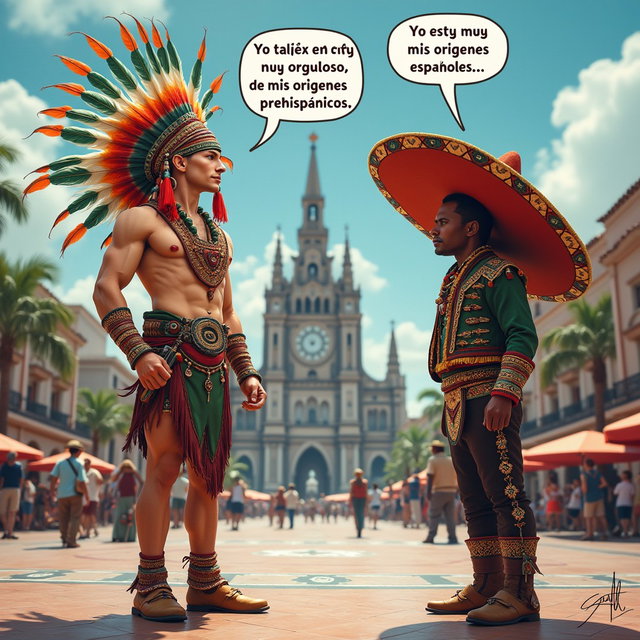 A visually striking scene featuring a very fair-skinned Russian man embodying a Toltec Tlatoani, adorned in traditional Mesoamerican tribal attire