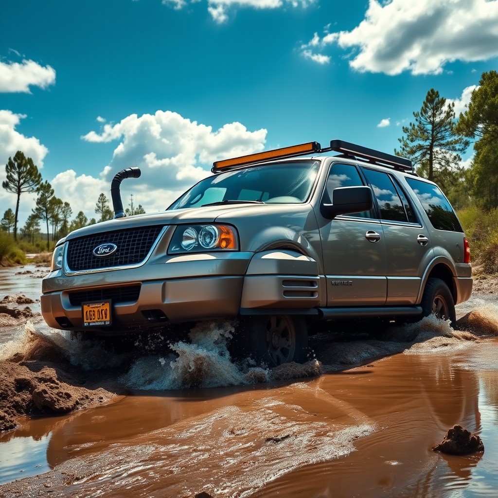 A striking image of a modified Ford Expedition equipped with a snorkel, poised for an off-road adventure
