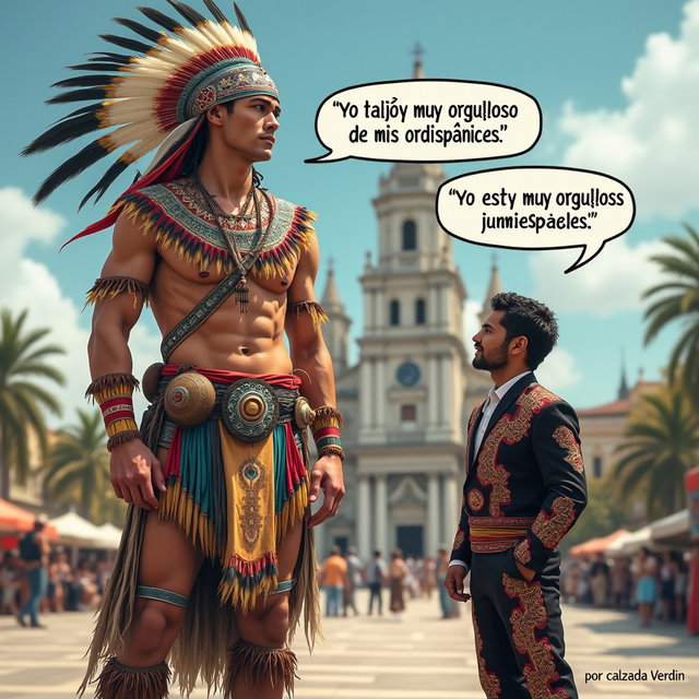 An evocative scene featuring a very fair-skinned Russian man representing a Toltec Tlatoani, garbed in traditional Mesoamerican tribal chief attire, complete with huaraches, colorful plumage, and striking blue eyes