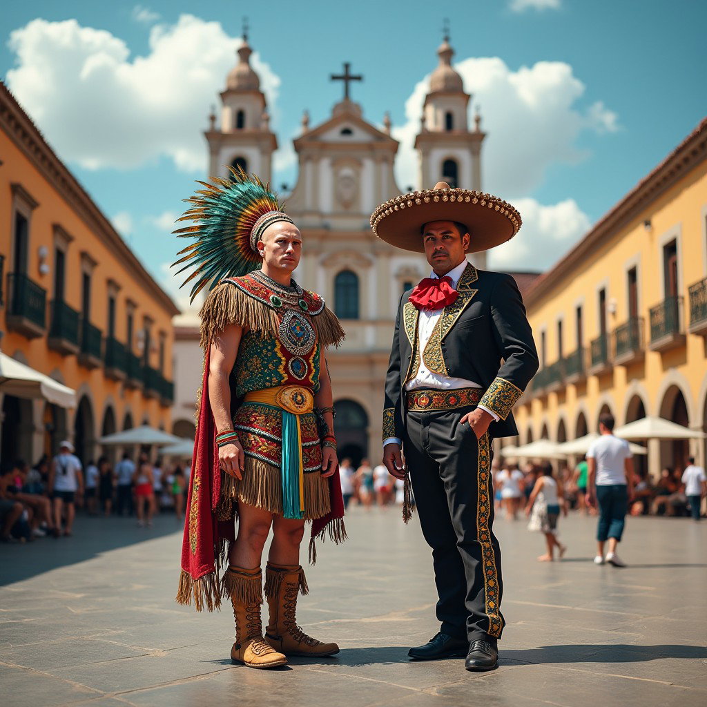 A vivid scene showcasing a very fair-skinned Russian man representing a Tlatoani from the Toltec civilization, adorned in elaborate Mesoamerican tribal chief attire, complete with huaraches and vibrant plumage