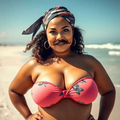 A voluptuous, curvy woman with a prominent mustache and a stylish headscarf, dressed in a vibrant bikini that accentuates her figure