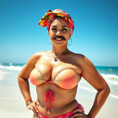 A voluptuous, curvy woman with a prominent mustache and a stylish headscarf, dressed in a vibrant bikini that accentuates her figure