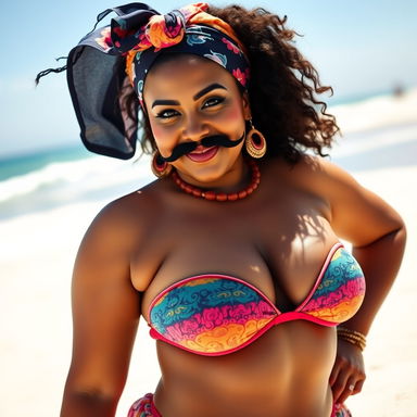 A voluptuous, curvy woman with a prominent mustache and a stylish headscarf, dressed in a vibrant bikini that accentuates her figure