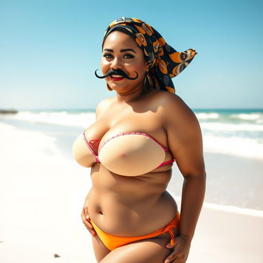 A voluptuous, curvy woman with a prominent mustache and a stylish headscarf, dressed in a vibrant bikini that accentuates her figure