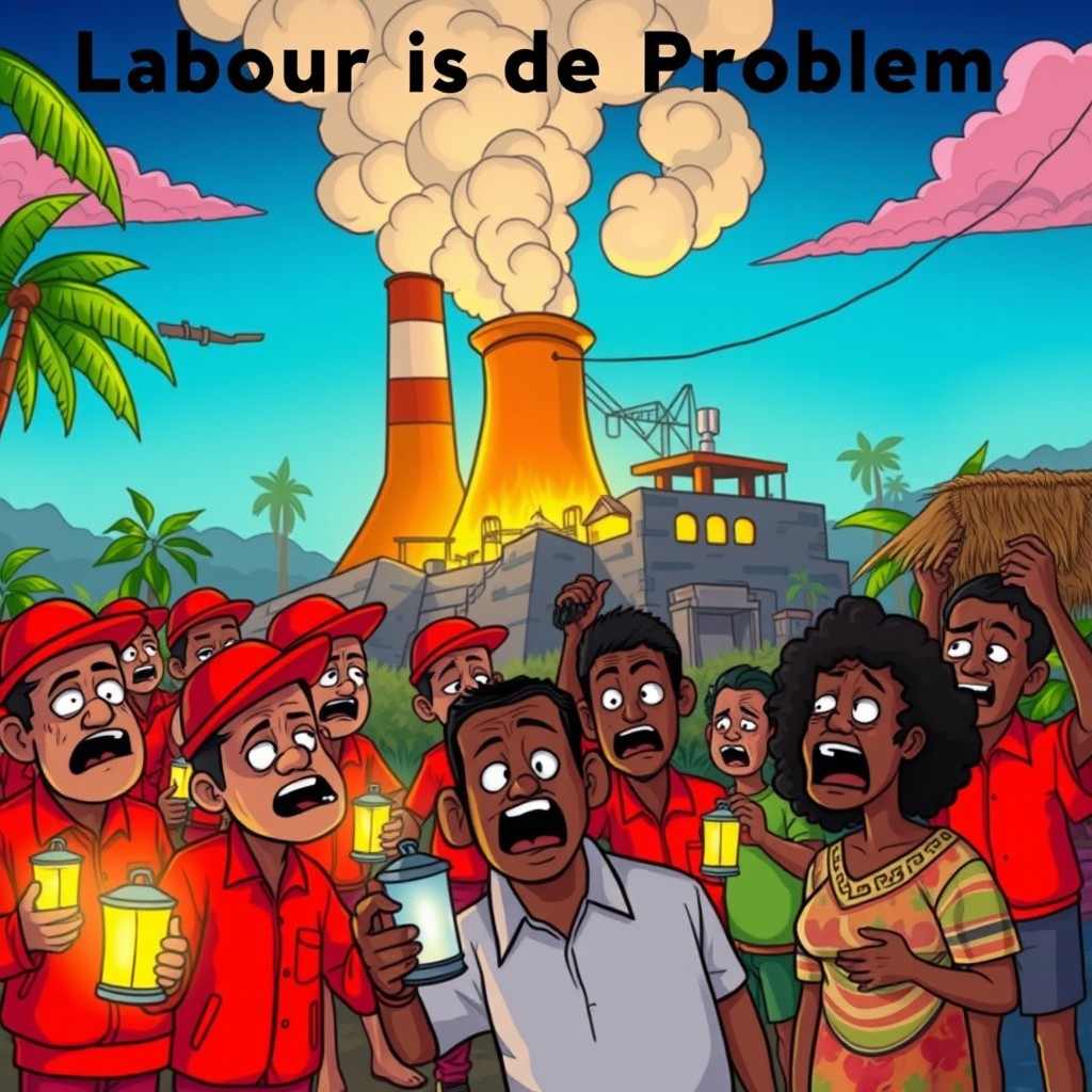 In a vibrant Caribbean-style cartoon scene depicting the theme 'Labour is de Problem,' featuring red-suited figures symbolizing labor issues
