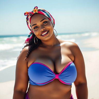 A voluptuous, curvy woman with a stylish headscarf, dressed in a vibrant bikini that accentuates her figure