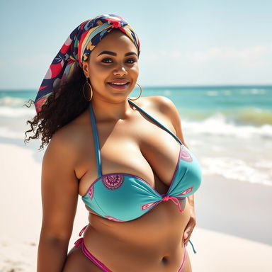 A voluptuous, curvy woman with a stylish headscarf, dressed in a vibrant bikini that accentuates her figure