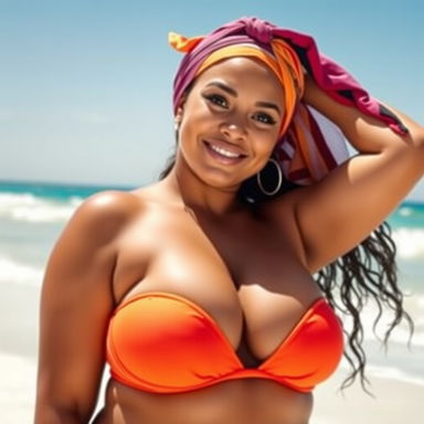A voluptuous, curvy woman with a stylish headscarf, dressed in a vibrant bikini that accentuates her figure