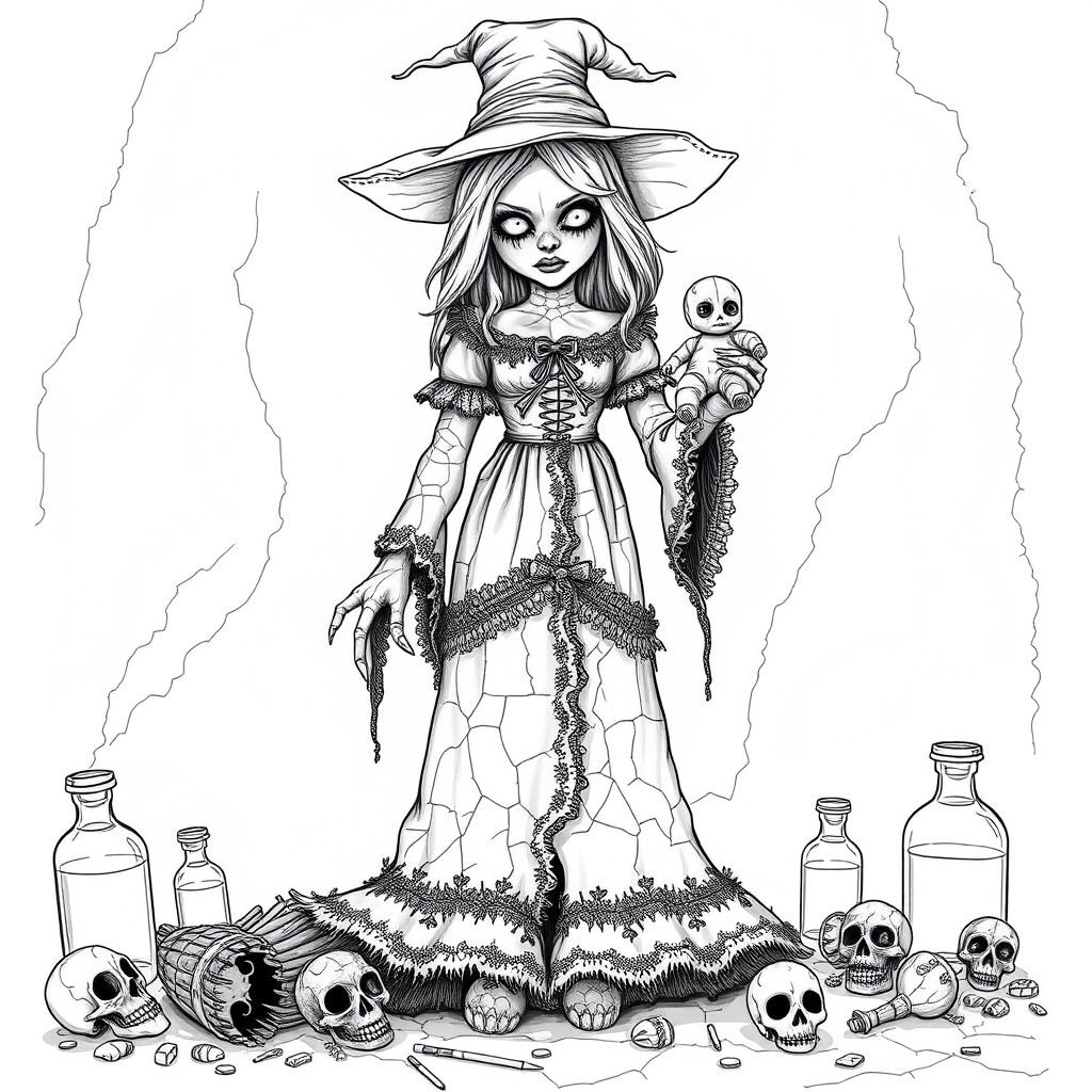 A cracked porcelain witch doll standing in a dramatic pose