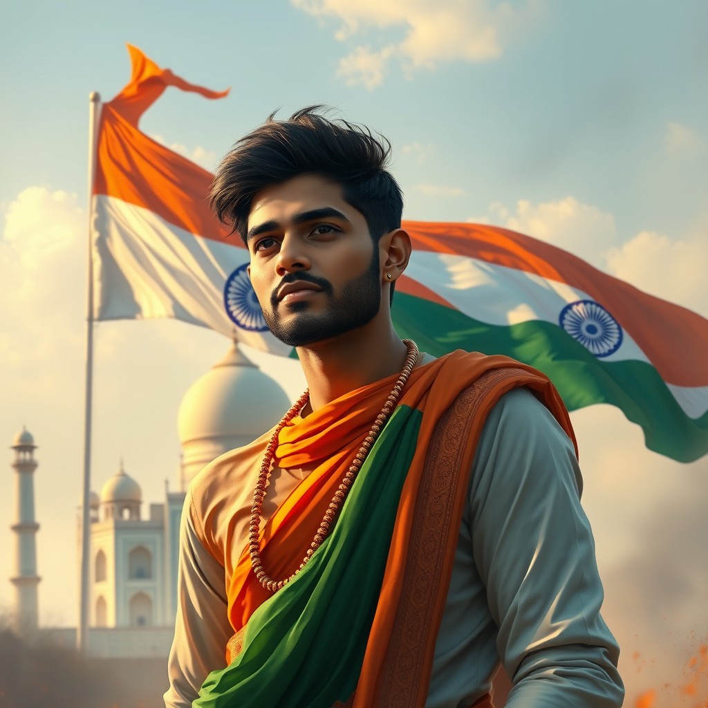 A stunning digital painting of an Indian person expressing deep patriotism, adorned in traditional attire with vibrant colors representing the Indian flag