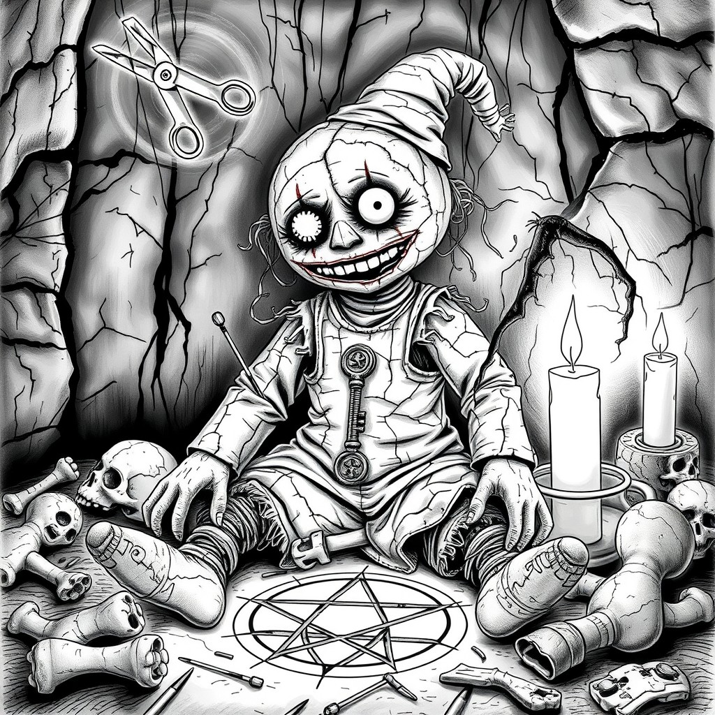 A terrifying rag witch doll sitting unnaturally still in a dark, cursed room