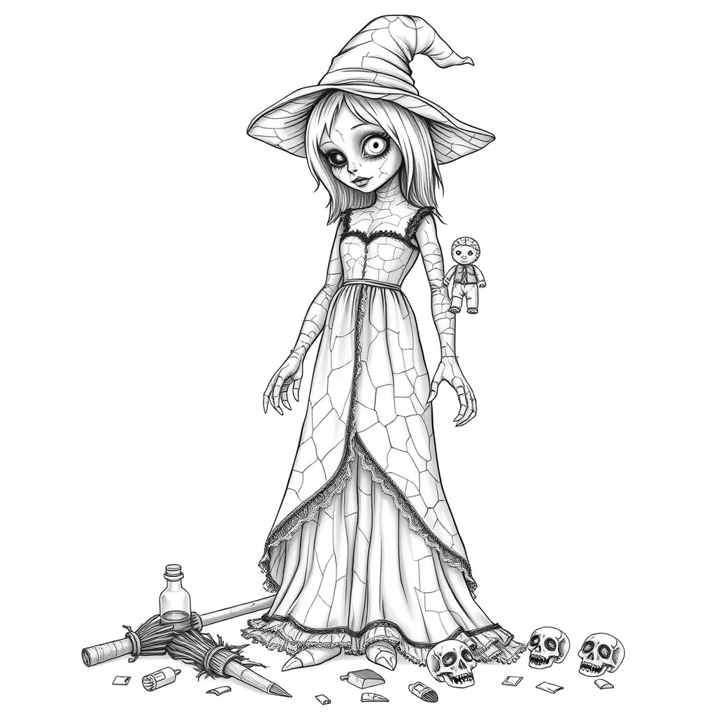 A cracked porcelain witch doll standing in a dramatic pose