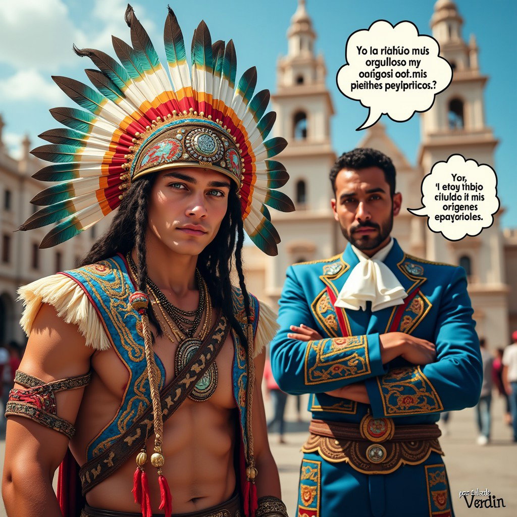 A dynamic and colorful scene showcasing a very fair-skinned Russian man representing a Toltec Tlatoani, dressed in traditional Mesoamerican tribal chief attire complete with huaraches and vibrant feather embellishments