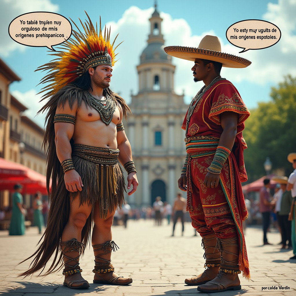 An engaging scene featuring a very fair-skinned Russian man portraying a Toltec Tlatoani, dressed in the traditional attire of a Mesoamerican tribal chief