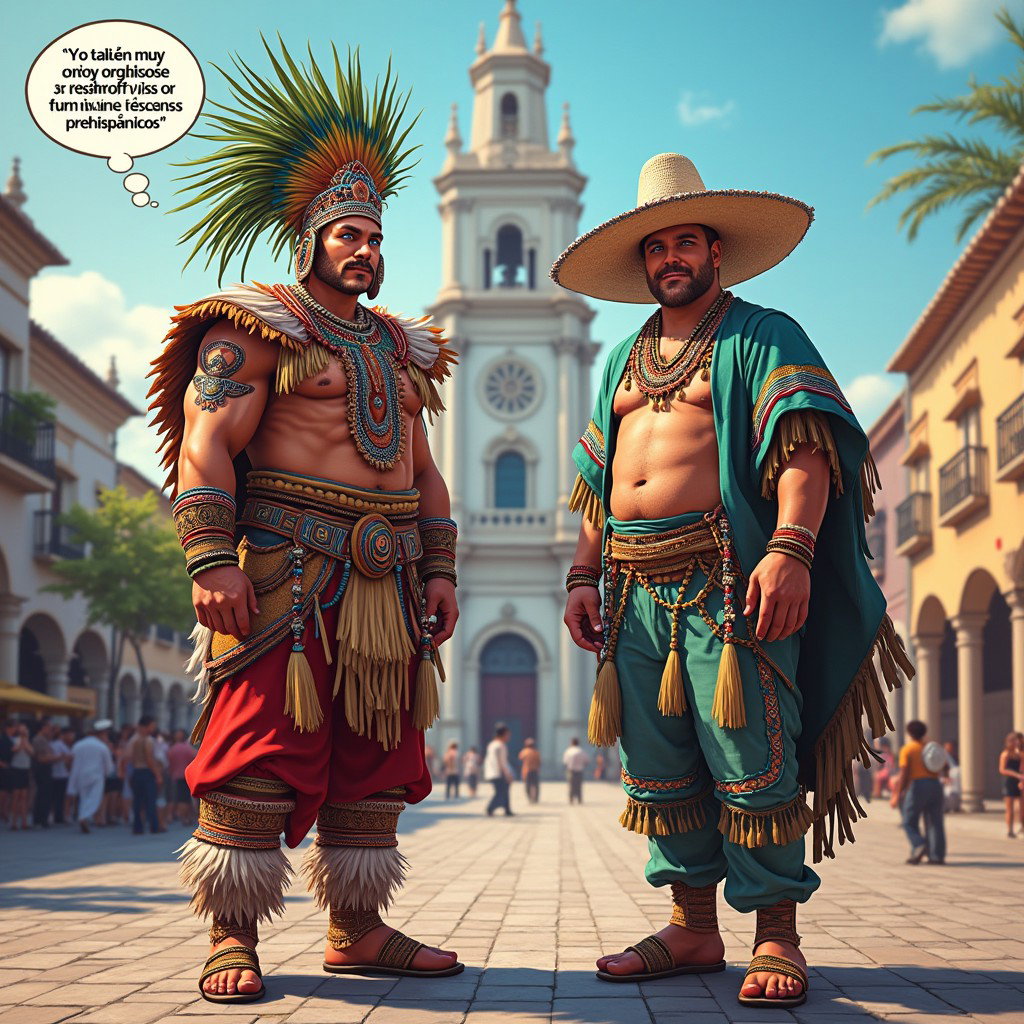 A colorful scene showcasing a very fair-skinned Russian man as a Toltec Tlatoani, dressed in the traditional attire of a Mesoamerican tribal chief, complete with huaraches and vibrant plumage