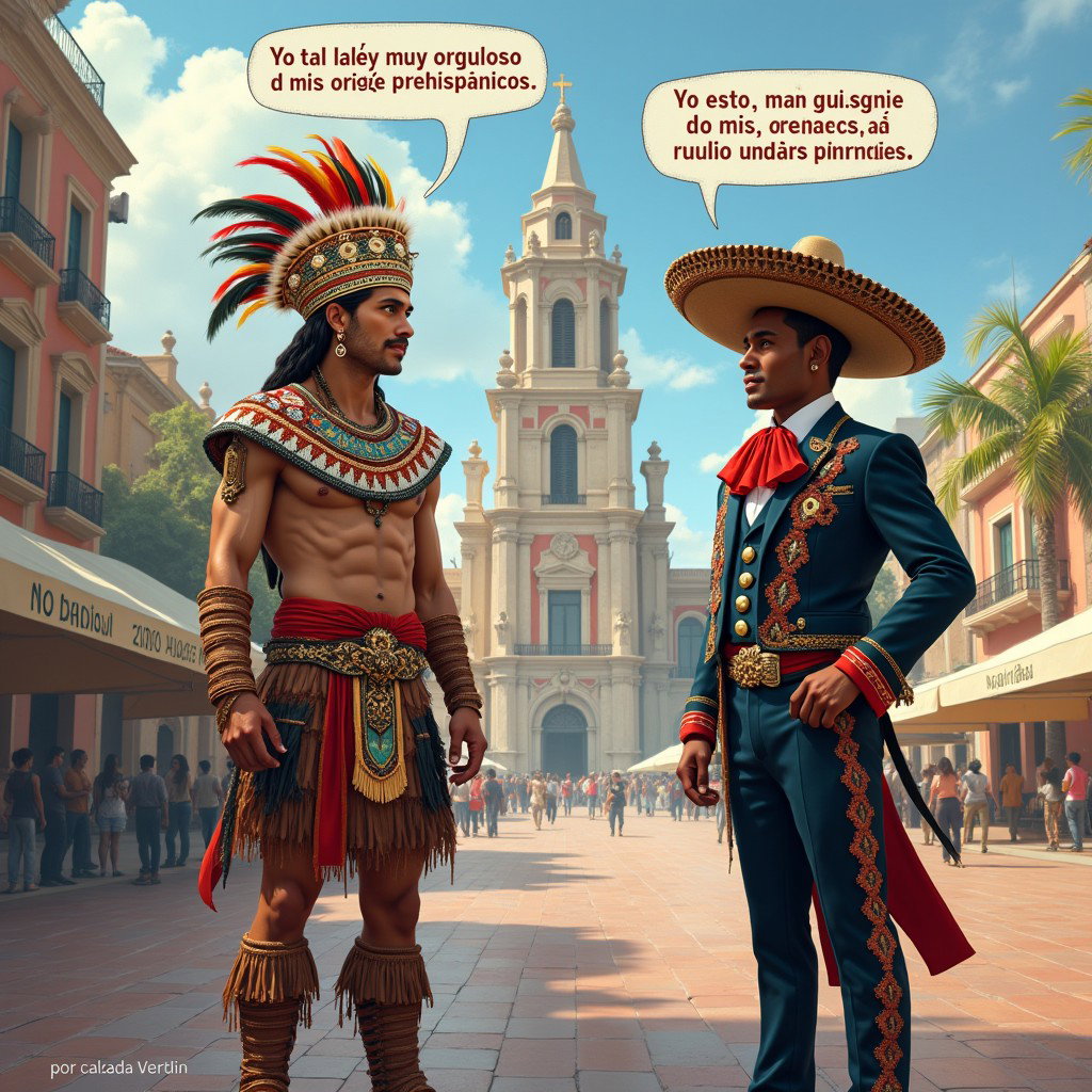 A visually striking scene showcasing a very fair-skinned Russian man portraying a Toltec Tlatoani, adorned in the traditional garb of a Mesoamerican chief, complete with huaraches and colorful feather embellishments