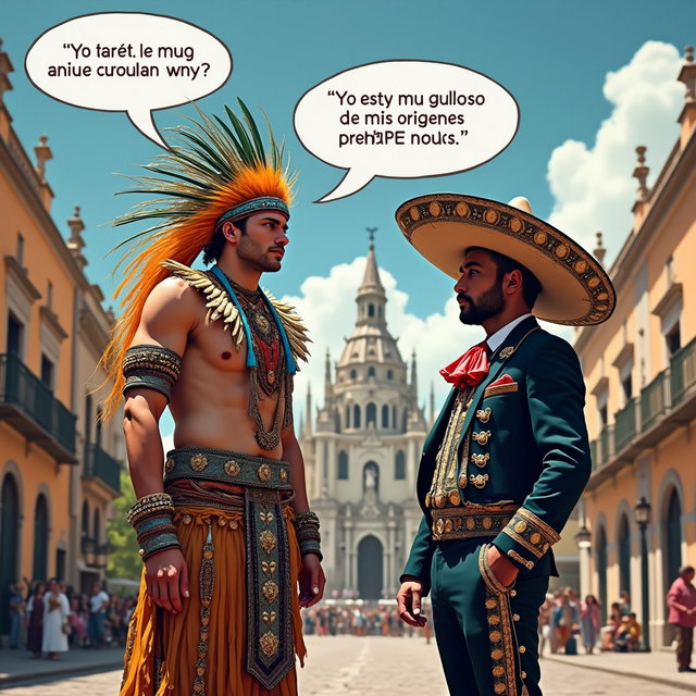 A captivating scene depicting a very fair-skinned Russian man representing a Toltec Tlatoani, dressed in elaborate traditional Mesoamerican tribal attire featuring huaraches and vibrant plumage, with striking blue eyes