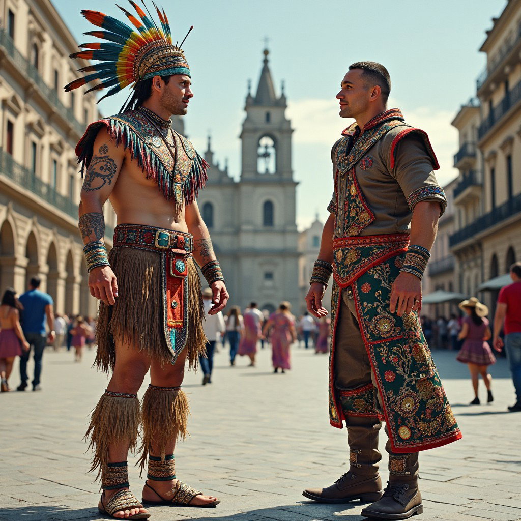 A striking scene depicting a very fair-skinned Russian man embodying a Toltec Tlatoani, dressed in traditional tribal chief attire, complete with huaraches, colorful plumage, and piercing blue eyes