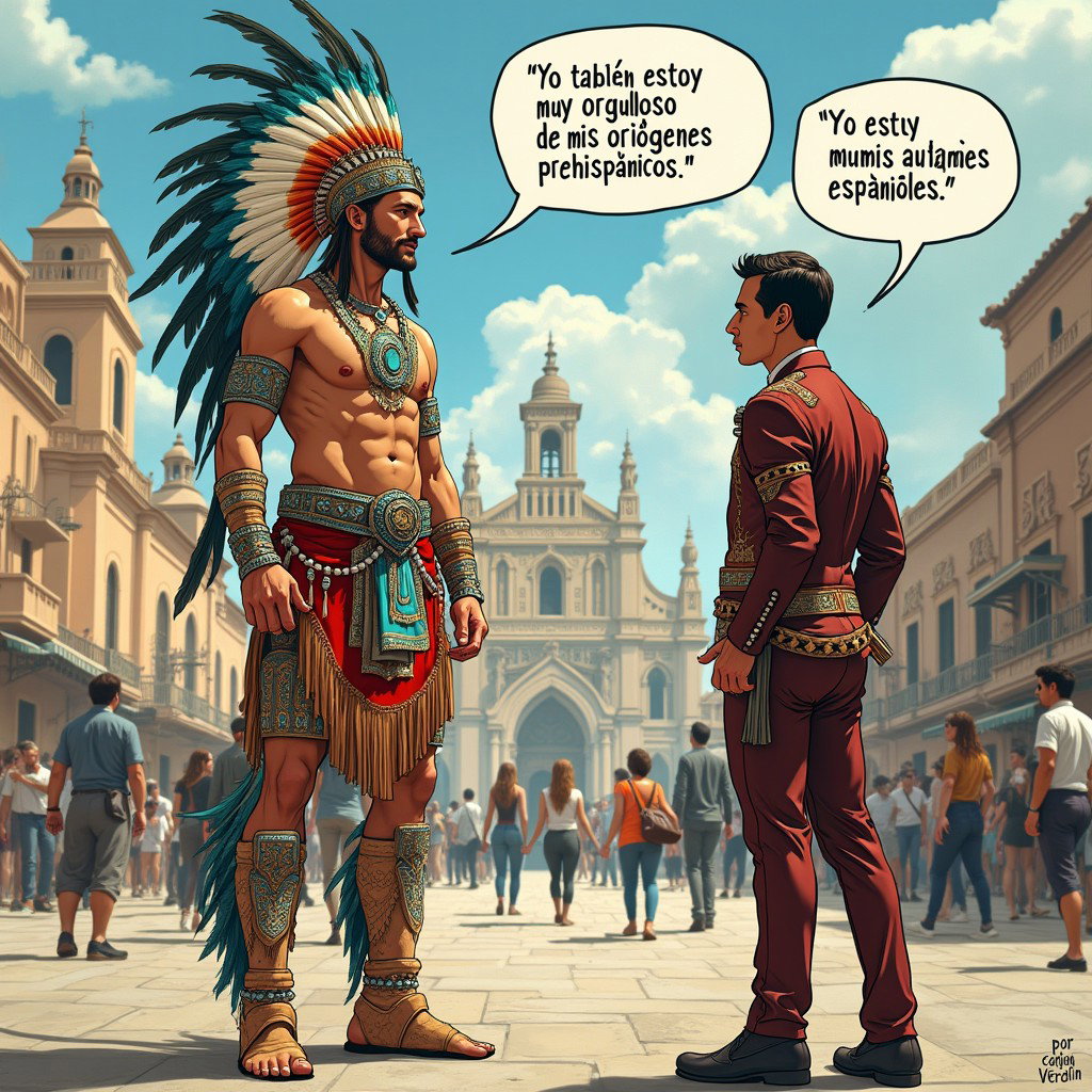 A striking illustration of a very fair-skinned Russian man embodying a Toltec Tlatoani, dressed in traditional Mesoamerican chief attire, including huaraches, ornate plumage, and piercing blue eyes