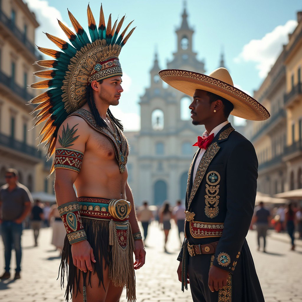 A striking scene featuring a very fair-skinned Russian man embodying a Toltec Tlatoani, dressed in detailed Mesoamerican tribal chief attire, complete with huaraches and eye-catching plumage