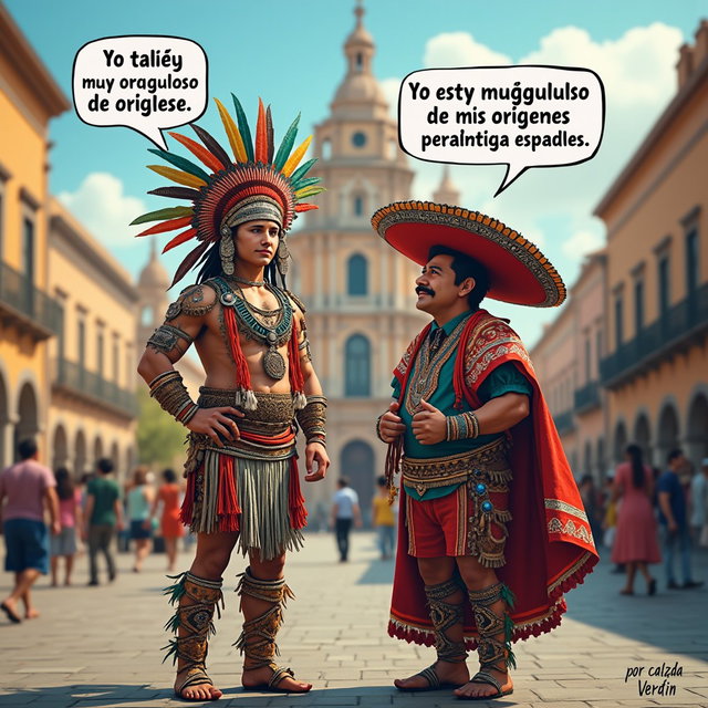 A vibrant scene featuring a very fair-skinned Russian man portraying a Toltec Tlatoani, adorned in elaborate Mesoamerican tribal chief attire complete with huaraches and colorful feather headdresses