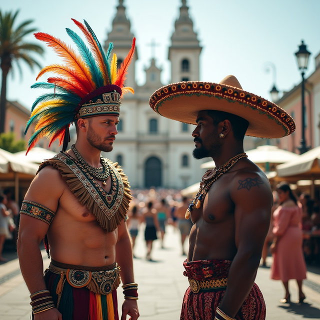 In a lively public plaza, a very fair-skinned Russian man embodies a Toltec Tlatoani, adorned in traditional Mesoamerican tribal chief attire complete with huaraches and colorful plumage